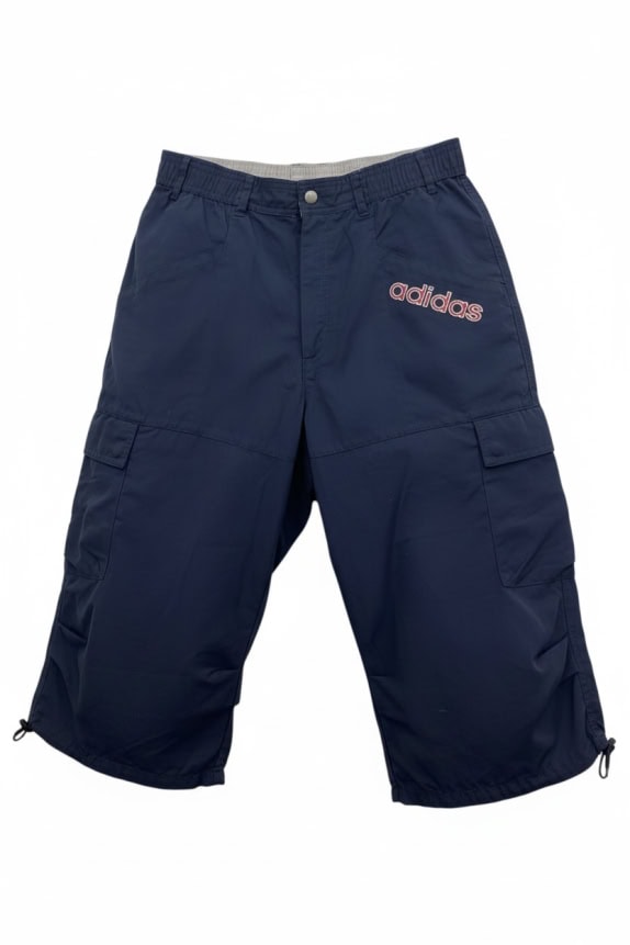 ADIDAS pantaloni cargo 3/4 vintage con logo ricamato blu scuro da uomo XS