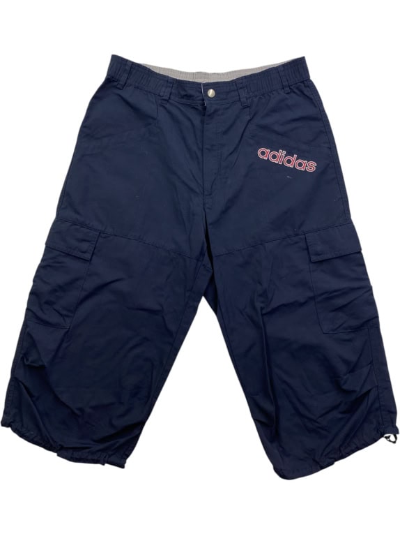 ADIDAS pantaloni cargo 3/4 vintage con logo ricamato blu scuro da uomo XS
