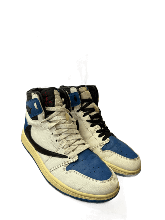 NIKE AIR JORDAN 1 HIGH TRAVIS SCOTT FRAGMENT SNEAKERS WHITE BLUE BLACK MENS PRE OWNED EU 42.5