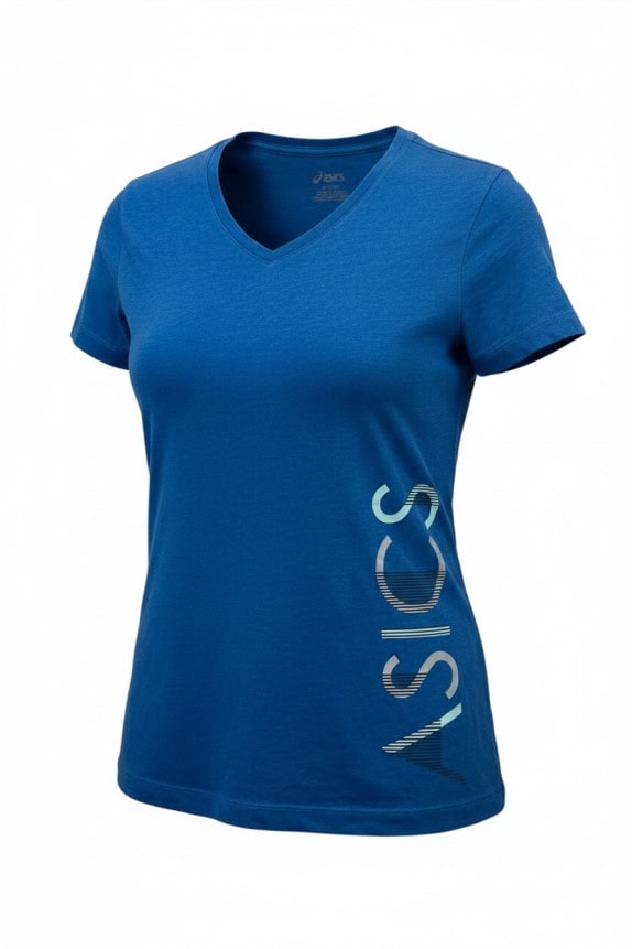 ASICS V NECK T SHIRT SPORTSWEAR GRAPHIC BLUE WOMEN PRE OWNED