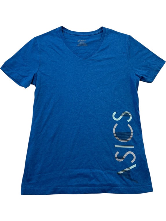 ASICS V NECK T SHIRT SPORTSWEAR GRAPHIC BLUE WOMEN PRE OWNED
