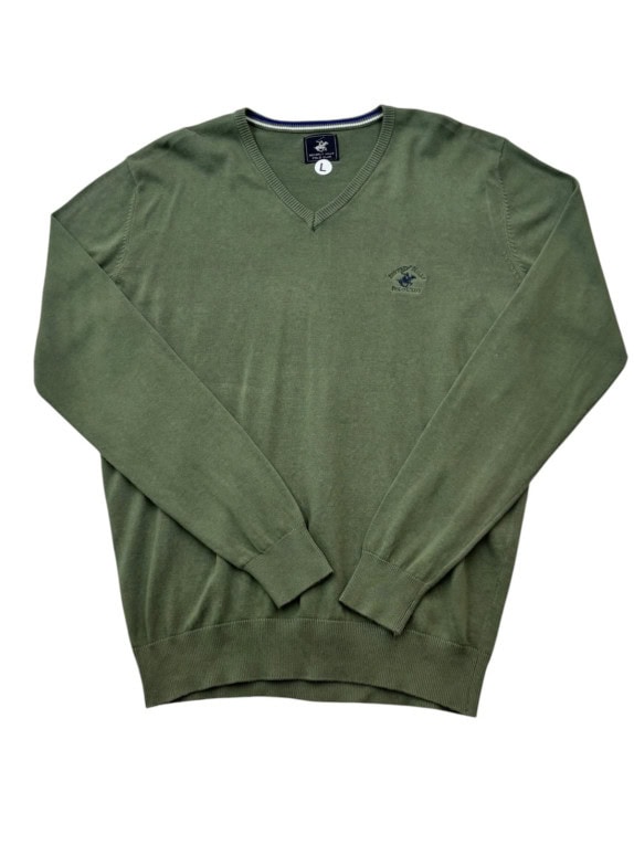 BEVERLY HILLS POLO CLUB V NECK KNIT SWEATER CLEAN OLIVE MEN PRE OWNED L
