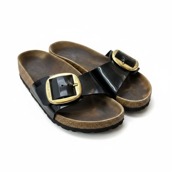 BIRKENSTOCK SLIDE SANDALS MINIMAL BLACK WOMENS PRE OWNED