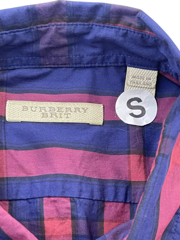 BURBERRY BRIT BUTTON UP SHIRT CLASSIC CHECK NAVY PINK MENS PRE OWNED S