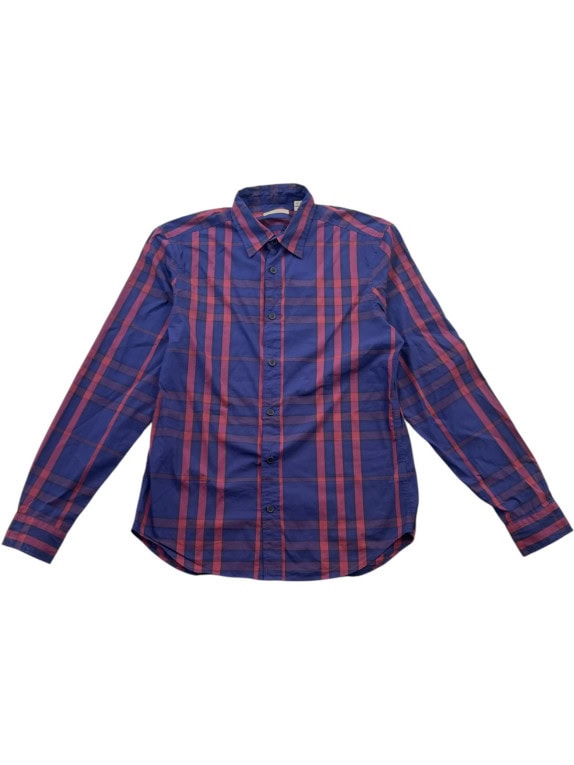 BURBERRY BRIT BUTTON UP SHIRT CLASSIC CHECK NAVY PINK MENS PRE OWNED S