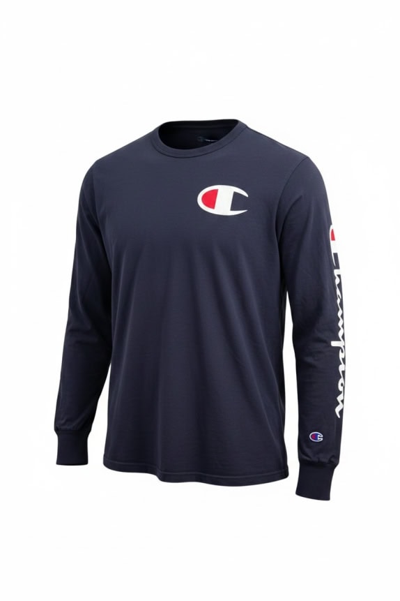 CHAMPION LONG SLEEVE T-SHIRT BIG LOGO NAVY BLUE UNISEX M