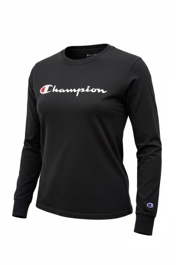 CHAMPION LONG SLEEVE T SHIRT MINIMAL BLACK WOMEN PRE OWNED M