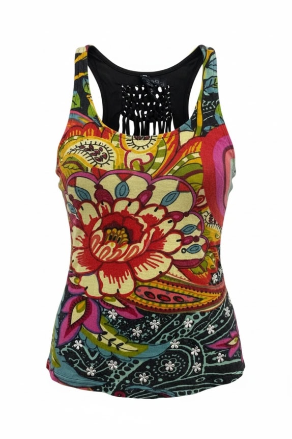 DESIGUAL Tank Top Boho Floral Multicolor Macramé Back Women's Small