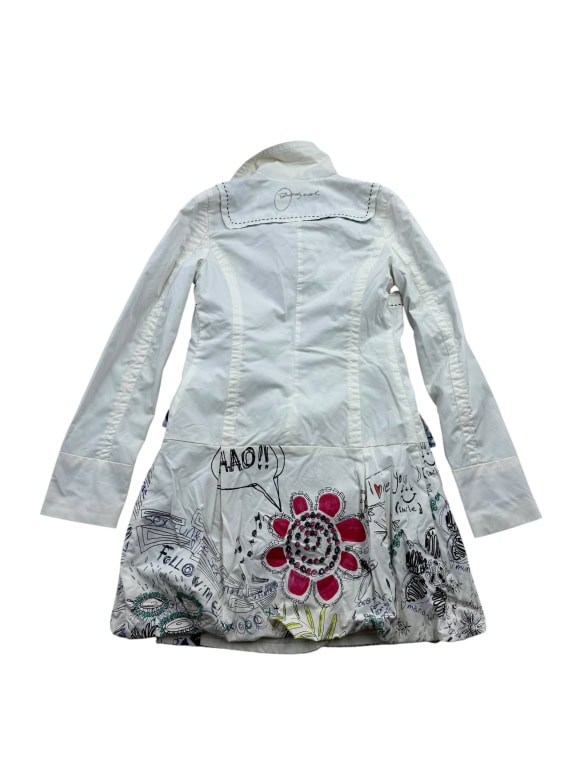 DESIGUAL TRENCH COAT VINTAGE ART GRAPHICS WHITE WOMEN'S S