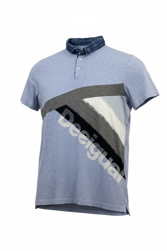 DESIGUAL POLO SHIRT DENIM COLLAR LOGO BLUE MENS XL