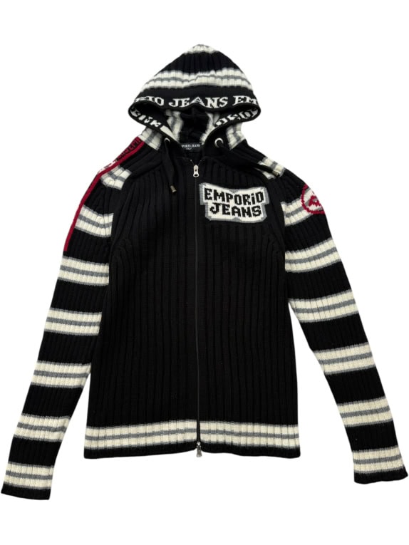 EMPORIO JEANS Cardigan lavorato a maglia con cappuccio e logo a righe da donna S