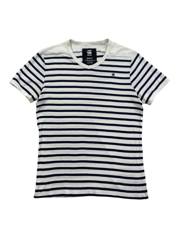 G-STAR RAW T-SHIRT CASUAL STRIPED LOGO WHITE-BLUE MENS L