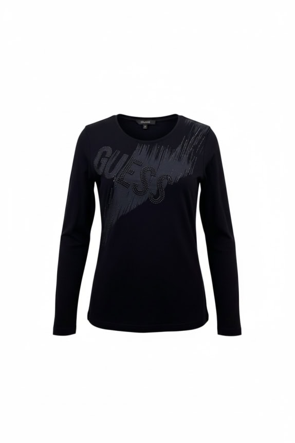 GUESS ΜΠΛΟΥΖΑ ΜΑΚΡΥΜΑΝΙΚΗ RHINESTONE LOGO ΜΑΥΡΟ ΓΥΝΑΙΚΕΙΟ S