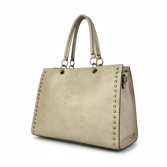 Women’s Beige Oversized Shoulder Bag with Stud Details