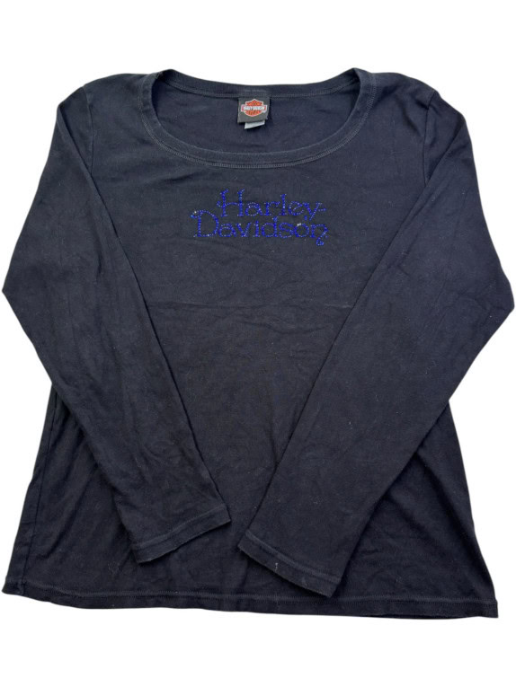 HARLEY DAVIDSON LONG SLEEVE TOP SPELL OUT BLACK WOMEN PRE OWNED L