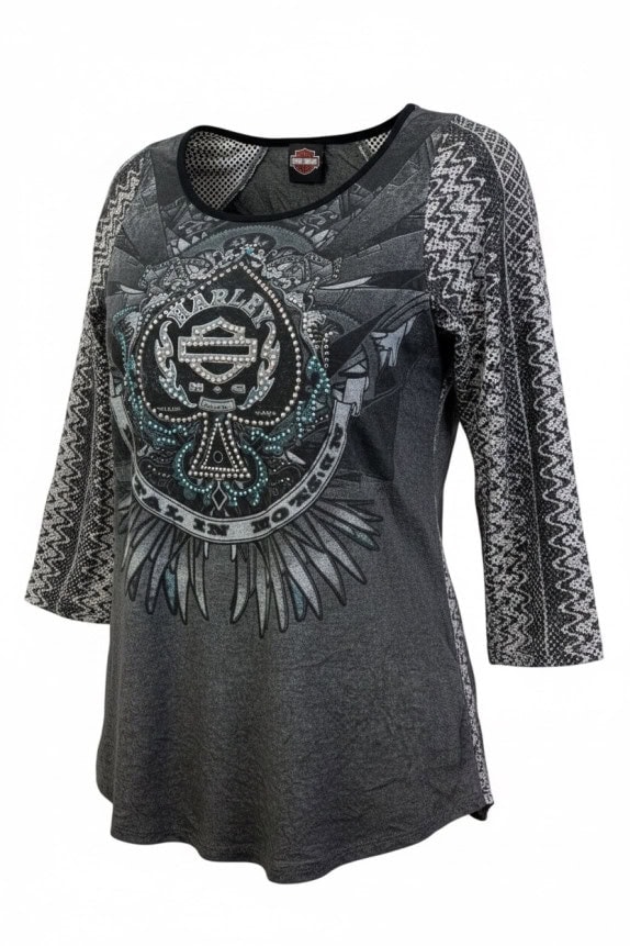 HARLEY DAVIDSON GRAPHIC TOP CHARCOAL WOMEN PRE OWNED L