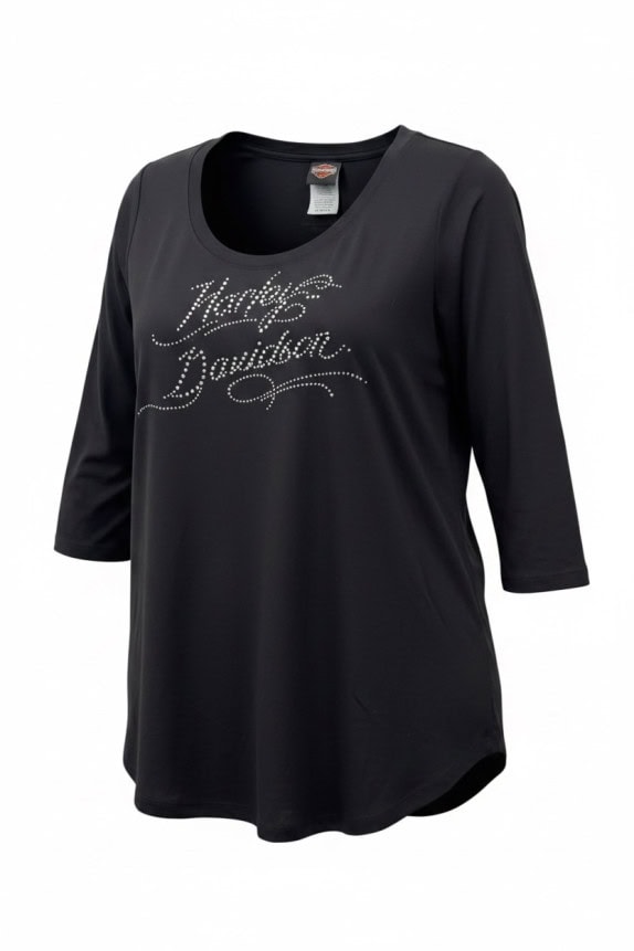 HARLEY DAVIDSON TOP SPELL OUT BLACK WOMEN PRE OWNED L
