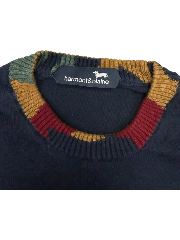 HARMONT & BLAINE ΠΟΥΛΟΒΕΡ CREWNECK - NAVY BLUE ΜΕ ΠΟΛΥΧΡΩΜΗ ΛΑΙΜΟΚΟΨΗ - M