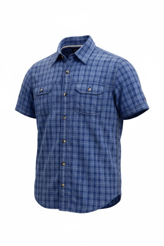 HILFIGER DENIM SHORT SLEEVE SHIRT VINTAGE STYLE EMBROIDERED LOGO BLUE CHECKED MEN'S SMALL