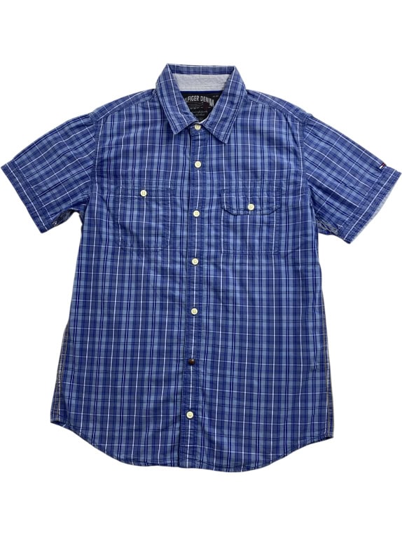 HILFIGER DENIM ΚΟΝΤΟΜΑΝΙΚΟ ΠΟΥΚΑΜΙΣΟ VINTAGE STYLE ΜΕ ΚΕΝΤΗΜΕΝΟ ΛΟΓΟΤΥΠΟ ΜΠΛΕ ΚΑΡΟ ΑΝΔΡΙΚΟ SMALL