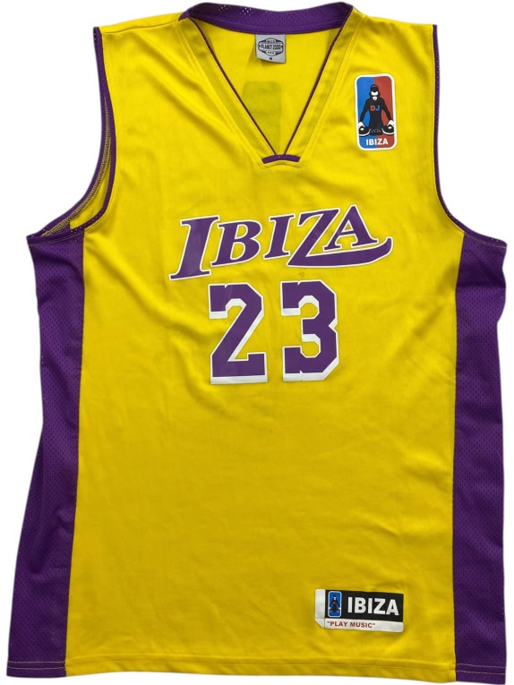 IBIZA PLANET 2000 BASKETBALL JERSEY VINTAGE STYLE DJ LOGO YELLOW/PURPLE UNISEX SIZE M