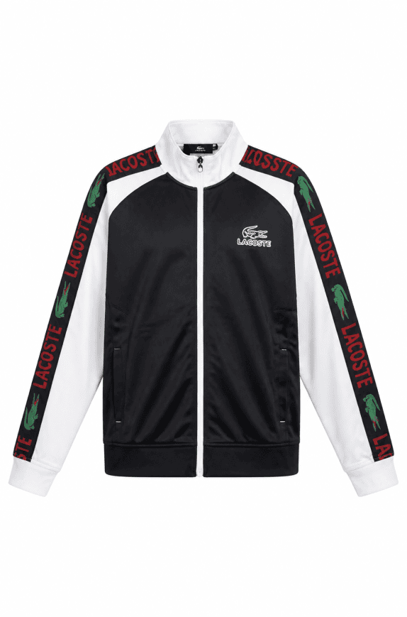 LACOSTE TRACK JACKET ATHLETIC BLACK WHITE MEN PRE OWNED L