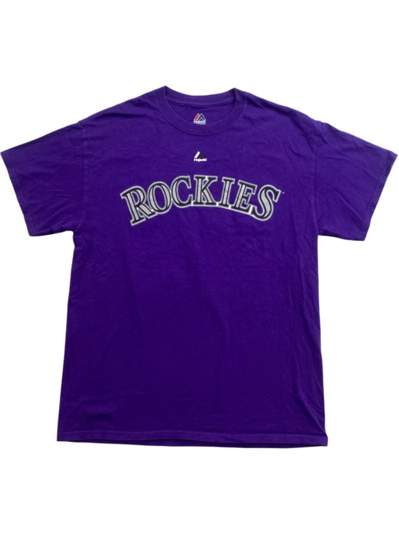 MAJESTIC Colorado Rockies MLB T-Shirt con logo Spellout Viola UNISEX M