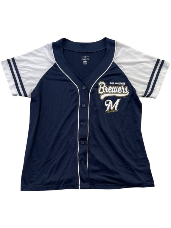 MLB MILWAUKEE BREWERS BASEBALL JERSEY SPORTSWEAR NAVY WHITE WOMENS PRE OWNED S
