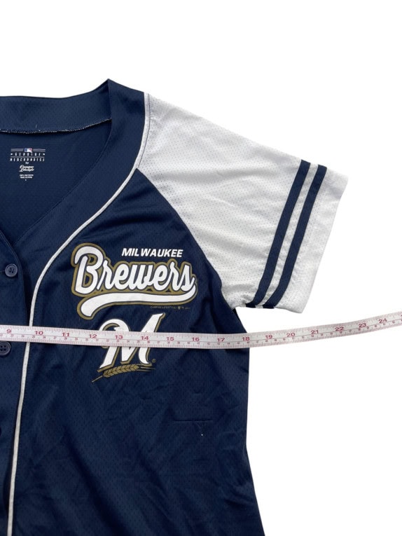 MLB MILWAUKEE BREWERS BASEBALL JERSEY SPORTSWEAR NAVY WHITE WOMENS PRE OWNED S