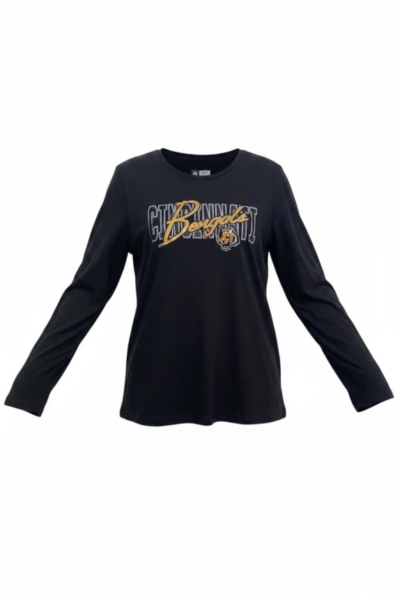 NFL TEAM APPAREL CINCINNATI BENGALS LONG SLEEVE T-SHIRT BIG LOGO BLACK WOMENS L