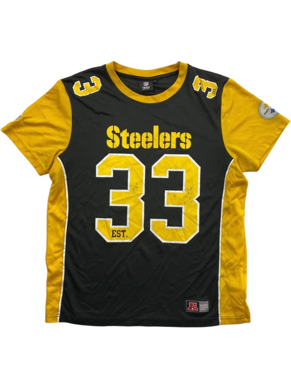 NFL TEAM APPAREL PITTSBURGH STEELERS JERSEY VINTAGE STYLE LOGO BLACK/YELLOW MEN'S L