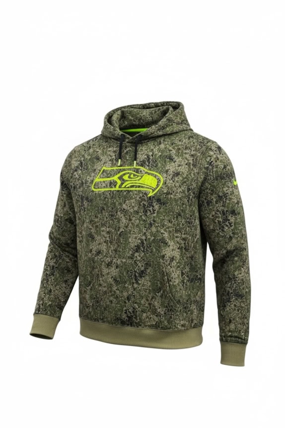 NFL TEAM APPAREL FELPA CON CAPPUCCIO SEATTLE SEAHAWKS STAMPA CAMOUFLAGE LOGO NEON DA UOMO L