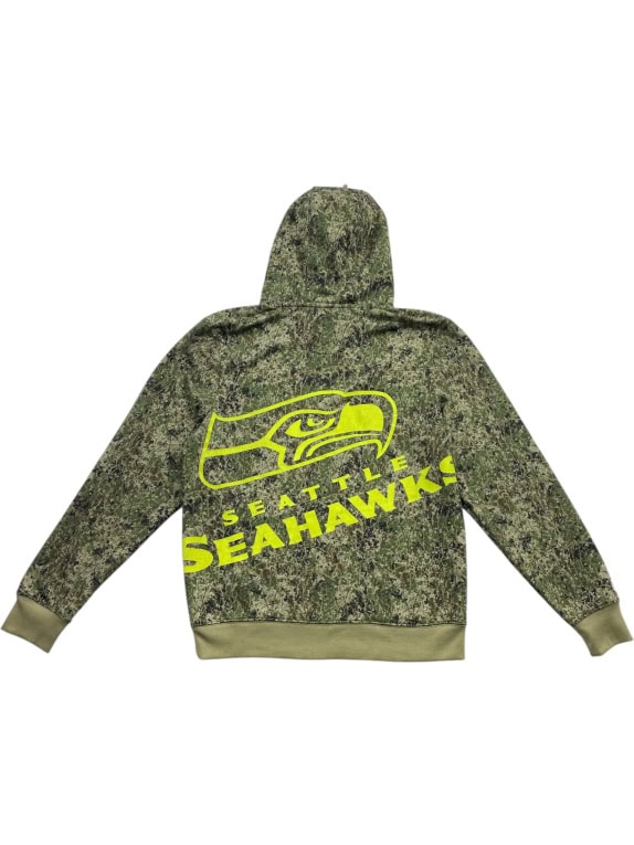 NFL TEAM APPAREL FELPA CON CAPPUCCIO SEATTLE SEAHAWKS STAMPA CAMOUFLAGE LOGO NEON DA UOMO L