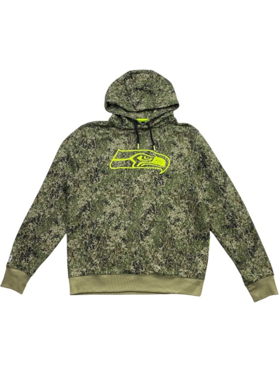 NFL TEAM APPAREL FELPA CON CAPPUCCIO SEATTLE SEAHAWKS STAMPA CAMOUFLAGE LOGO NEON DA UOMO L