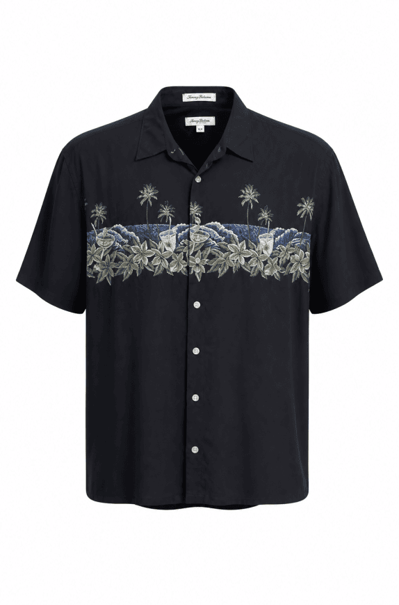 PIERRE CARDIN HAWAIIAN SHIRT GRAPHIC BLACK MEN PRE OWNED L