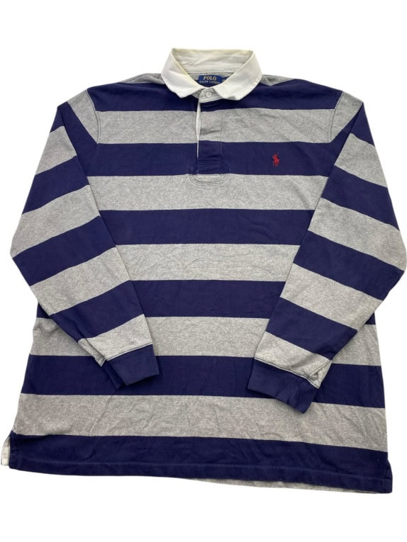 POLO RALPH LAUREN RUGBY SHIRT CLASSIC SPORTSWEAR NAVY GREY MENS PRE OWNED XXL