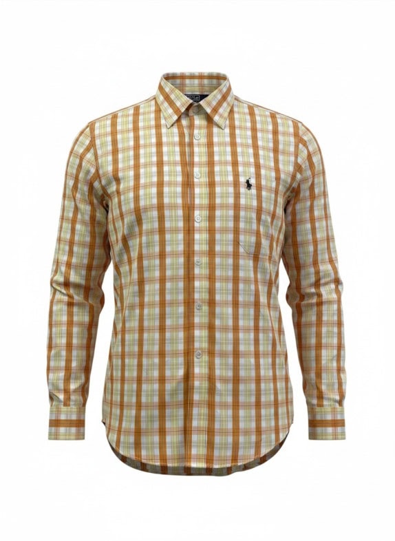 POLO RALPH LAUREN CAMICIA CLASSICA A QUADRI ARANCIONE UOMO PRE OWNED L