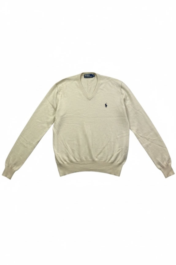 POLO RALPH LAUREN maglione classico con scollo a V logo Pony écru da uomo M