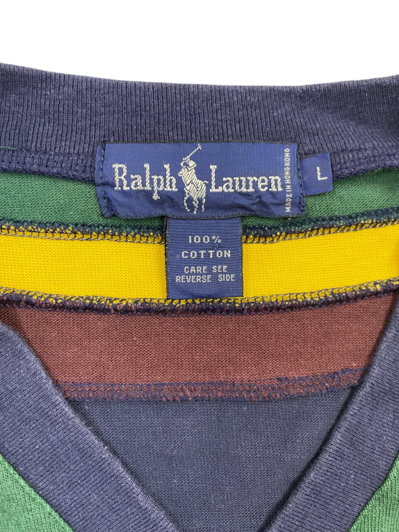 RALPH LAUREN V-NECK SWEATSHIRT VINTAGE STRIPES NAVY BLUE MEN'S L