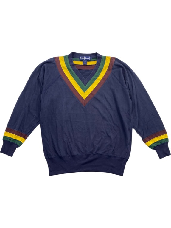 RALPH LAUREN V-NECK SWEATSHIRT VINTAGE STRIPES NAVY BLUE MEN'S L