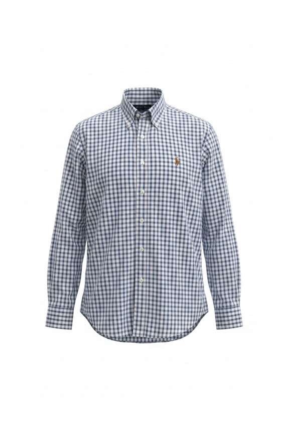 RALPH LAUREN ΠΟΥΚΑΜΙΣΟ CHECKERED CUSTOM FIT LOGO ΜΠΛΕ UNISEX S