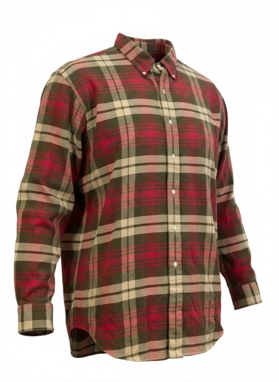 RALPH LAUREN BUTTON DOWN SHIRT PLAID RED OLIVE BEIGE MEN PRE OWNED L