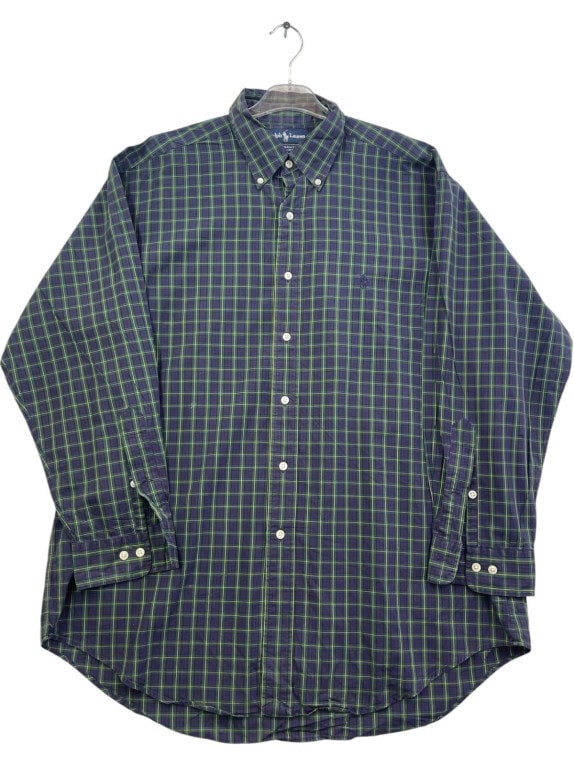 RALPH LAUREN SHIRT CHECK GREEN NAVY MENS PRE OWNED L