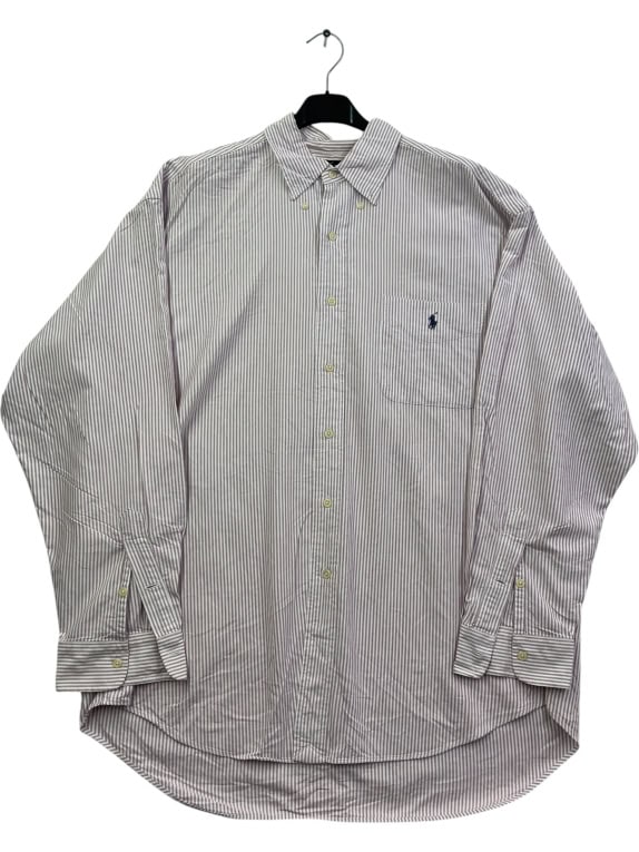 RALPH LAUREN STRIPED SHIRT 90s BIG SHIRT LOGO BURGUNDY/WHITE UNISEX L