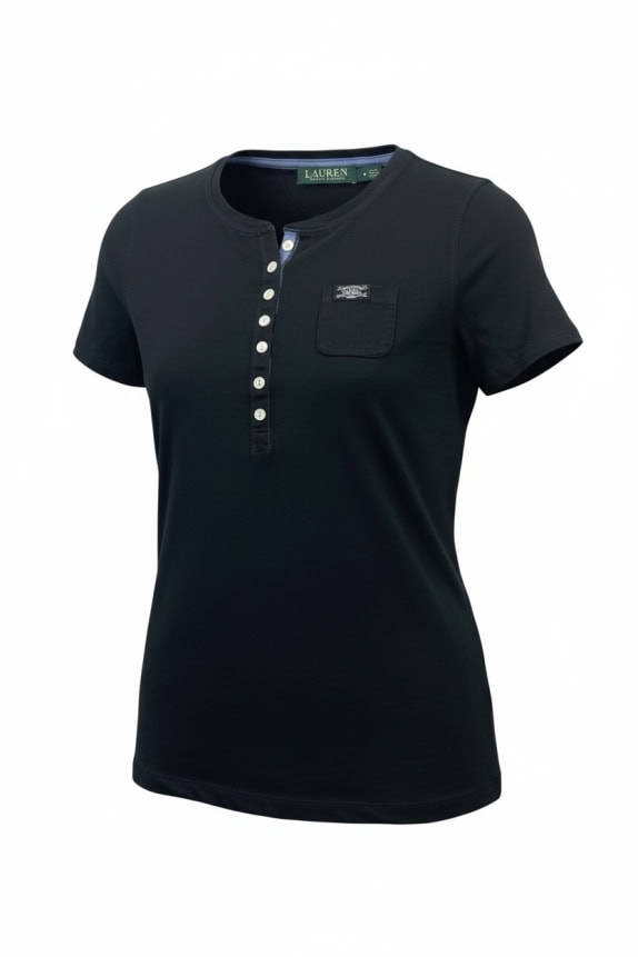 RALPH LAUREN Henley Button T-Shirt Black Women’s S
