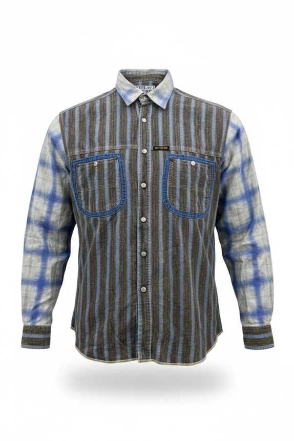 REPLAY & SONS CAMICIA VINTAGE A RIGHE E QUADRI BLU DA UOMO L