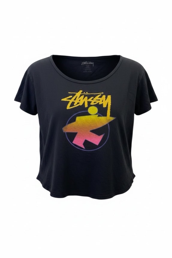 STUSSY GRAPHIC TEE STREETWEAR FADED BLACK WOMEN PRE OWNED L