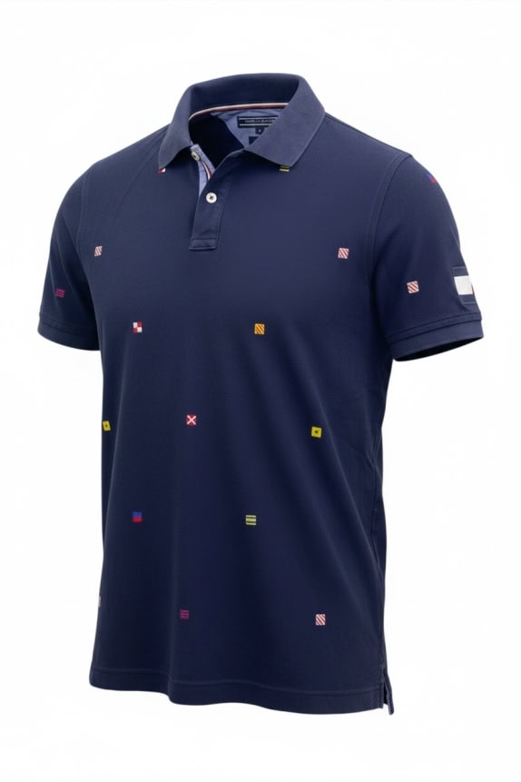 Tommy Hilfiger Men’s Navy Slim Fit Polo Shirt with Flag Pattern Size S