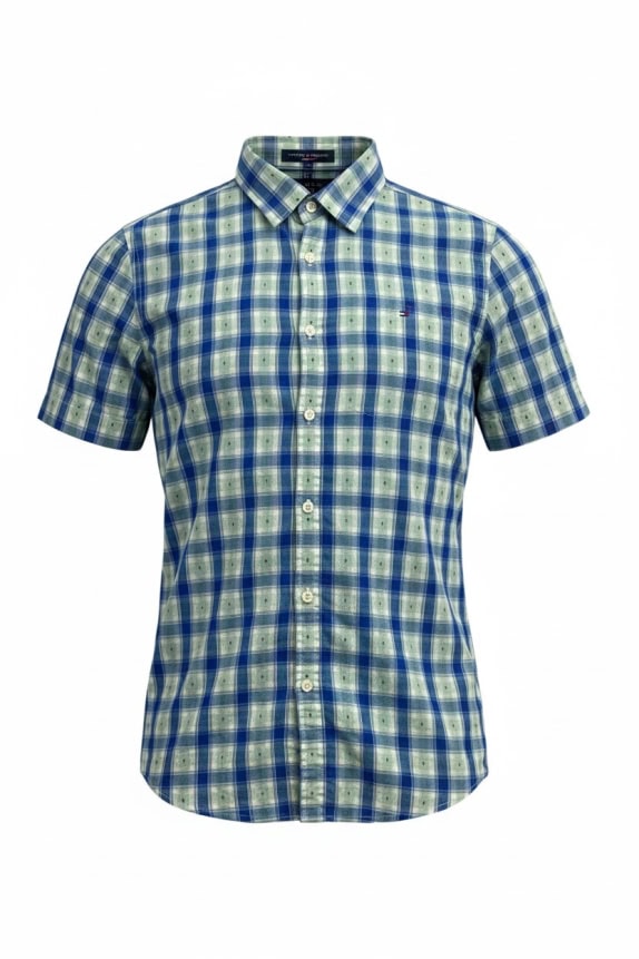 TOMMY HILFIGER ΚΟΝΤΟΜΑΝΙΚΟ ΠΟΥΚΑΜΙΣΟ CASUAL ΜΕ ΚΕΝΤΗΜΕΝΟ ΛΟΓΟΤΥΠΟ ΜΠΛΕ/ΠΡΑΣΙΝΟ ΚΑΡΟ ΑΝΔΡΙΚΟ MEDIUM