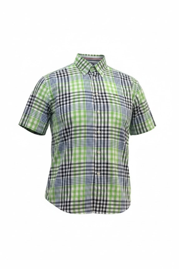 TOMMY HILFIGER CAMICIA A MANICHE CORTE CLASSICA A QUADRI VERDE BLU UOMO PRE OWNED M